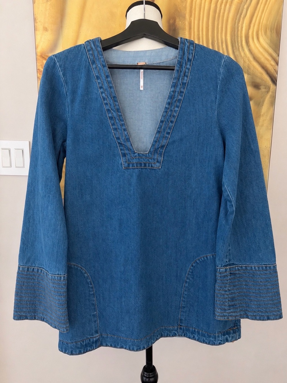 Free People Dreaming Of Denim Tunic Top XS Hendrix Blue Bell Sleeve